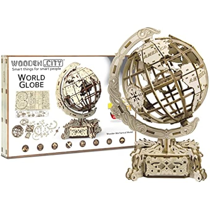 GLOBE PUZZLE 3D WOODEN MODEL FOR ADULTS TO BUILD - 3D GLOBE PUZZLE MODEL KIT FOR ADULTS - 3D GLOBE PUZZLE DECORATIVE STAND - INTRICATE WOODEN DESIGN 3D PUZZLES FOR ADULTS - 231 PIECES - Image 1